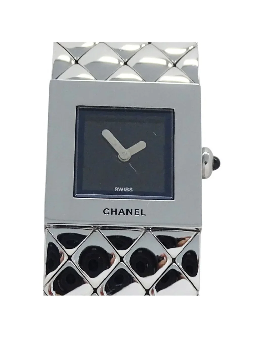 Chanel Watch Quilted Quartz Stainless Steel Silver Black Square Polished
